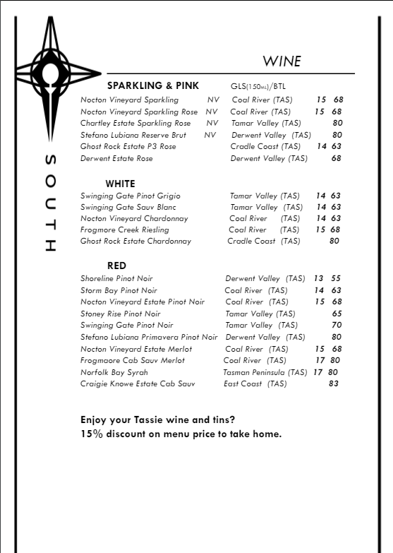 Drink menu May 2024 | South Wine Bar | hobart restaurant