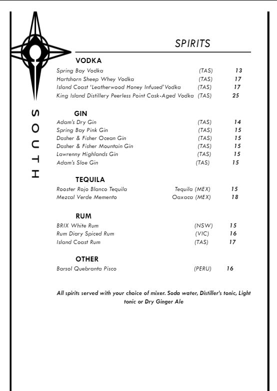 Drink menu May 2024 | South Wine Bar | hobart restaurant